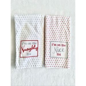 Naughty and nice polkadot red white and gray Christmas dish towels -set of two